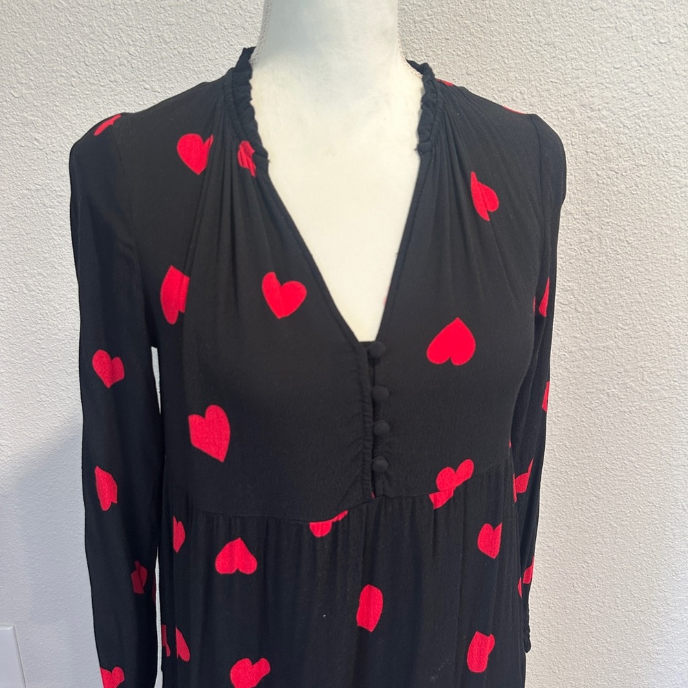 LOFT Black Long Sleeve Tiered Dress with Red Heart Print - Picture 2 of 5